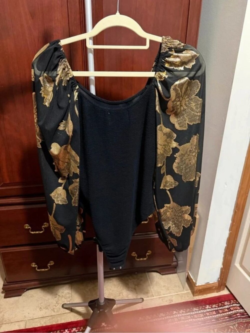 Bucketlist Black Bodysuit with Gold Floral Puff Sleeves NWT Size L